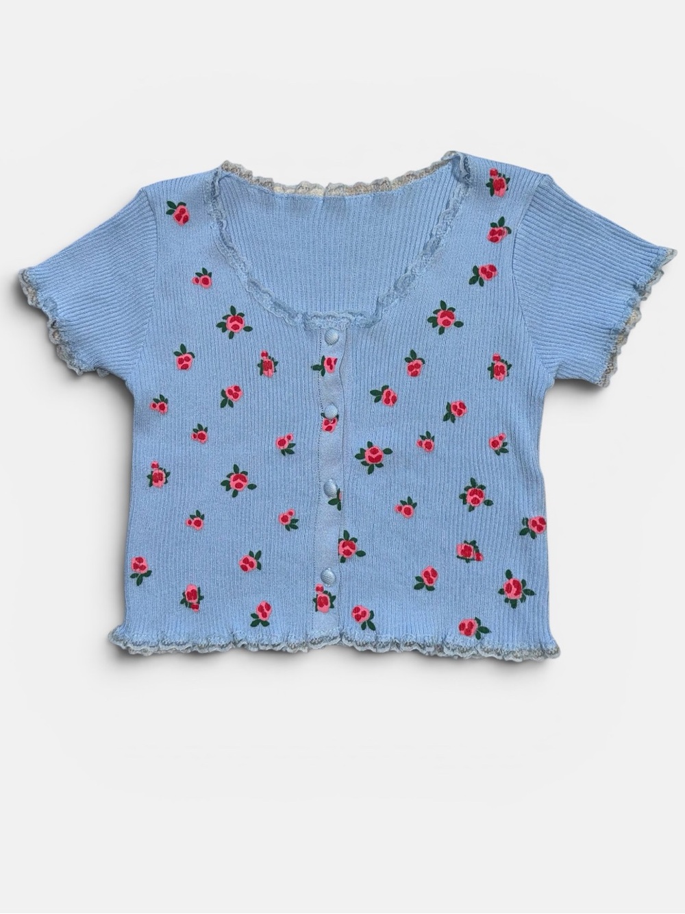 Coquette Floral Ribbed Baby Tee Blue Rose Print Lettuce Hem Crop Top XS/S